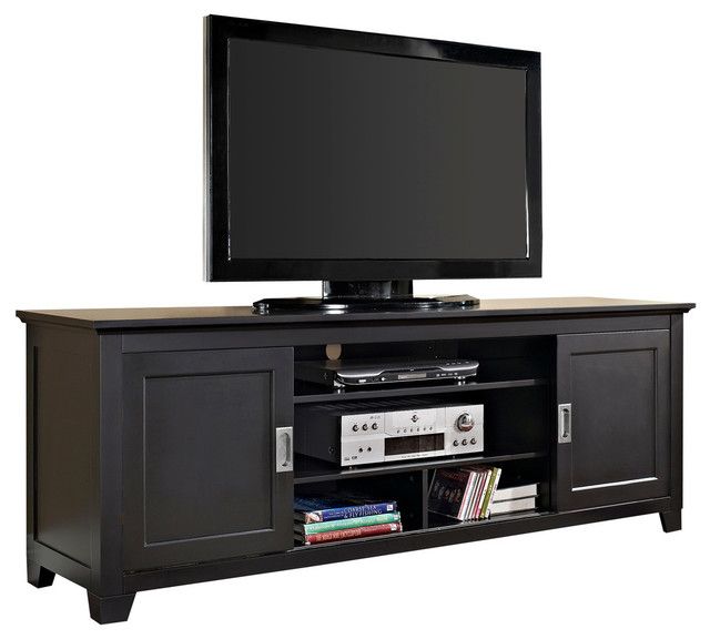70&quot; Black Wood Tv Stand With Sliding Doors - Transitional ... with Transitional Black Tv Stand, Open Shelves &amp; Side Cabinets With Doors
