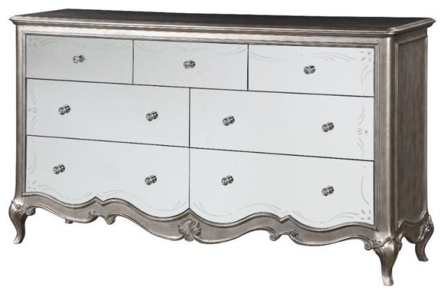70&quot; Champagne Solid And Manufactured Wood Mirrored Seven Drawer Triple ... in 70&quot; Natural Solid Wood Seven Drawer Triple Dresser