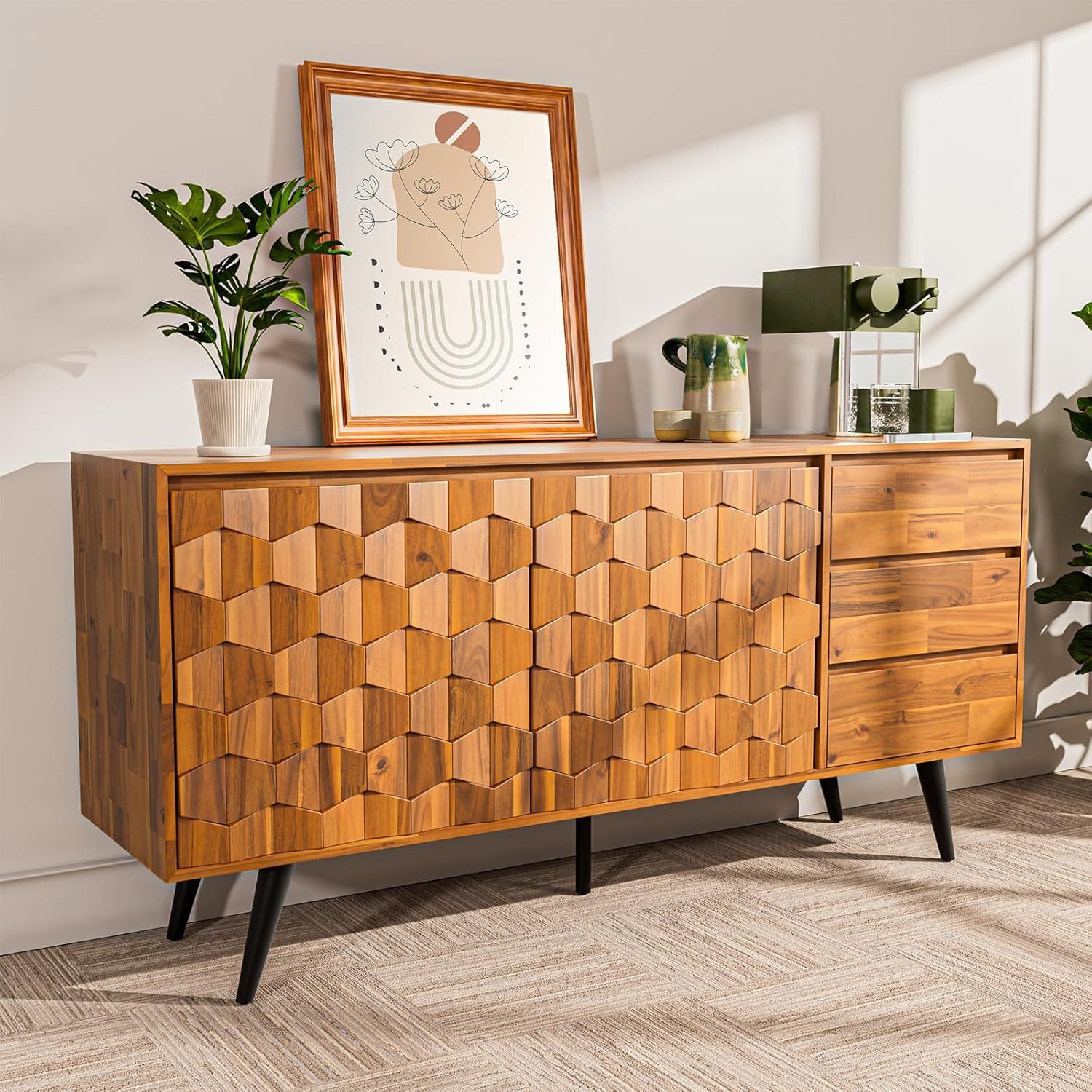Amazon.com: Bme Sideboard Georgina Solid Wood 2 Doors &amp; 3 Drawers, 61 ... with regard to Modern Wood Sideboard, Dining Storage, Tv Stand, Light Brown