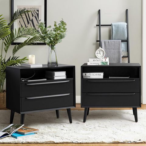 Amazon.com: Hulala Home Nightstand With Charging Station, Set Of 2 Mid ... intended for Set Of 2 Modern Nightstands With Metal Frame, Drawer, And Open Shelf