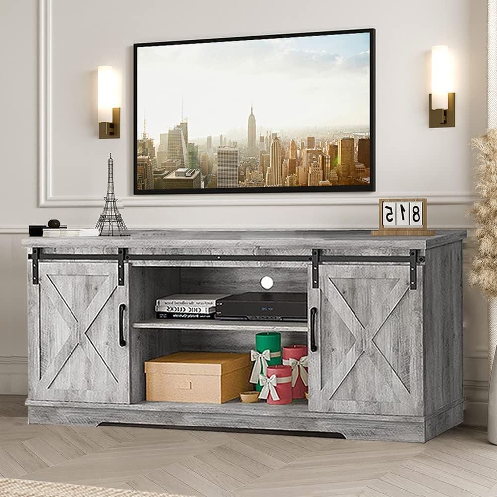 Amazon.com: Idealhouse Grey Farmhouse Cabinet, 65 Inch Tv Stand With ... throughout The Art of Styling a Grey Wash TV Console with Metal Mesh Doors