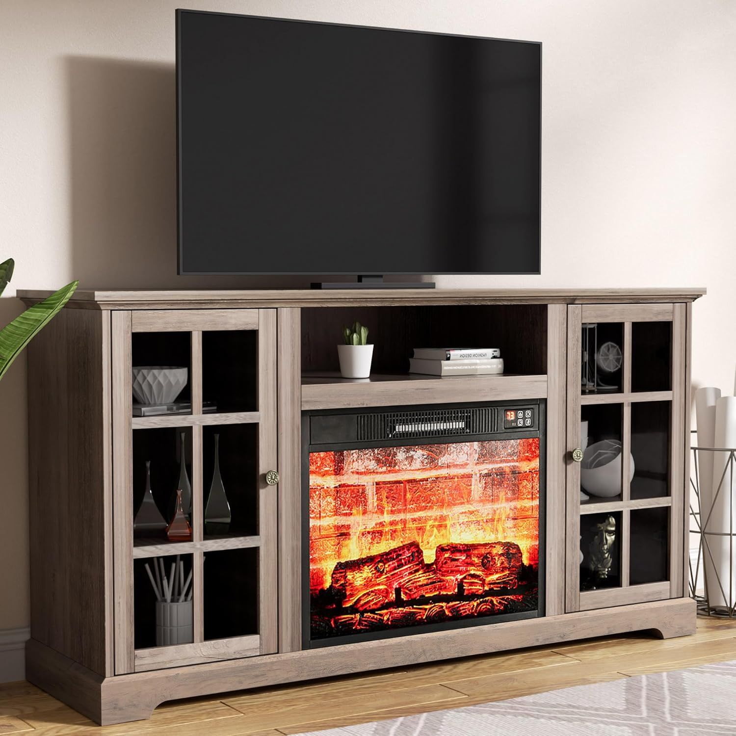Amazon.com: Lghm 58&quot; Glass Door Fireplace Tv Stand, Modern Farmhouse ... throughout Beyond the Basics: Mastering Glass Doors and Open Shelf Integration in Contemporary Spaces