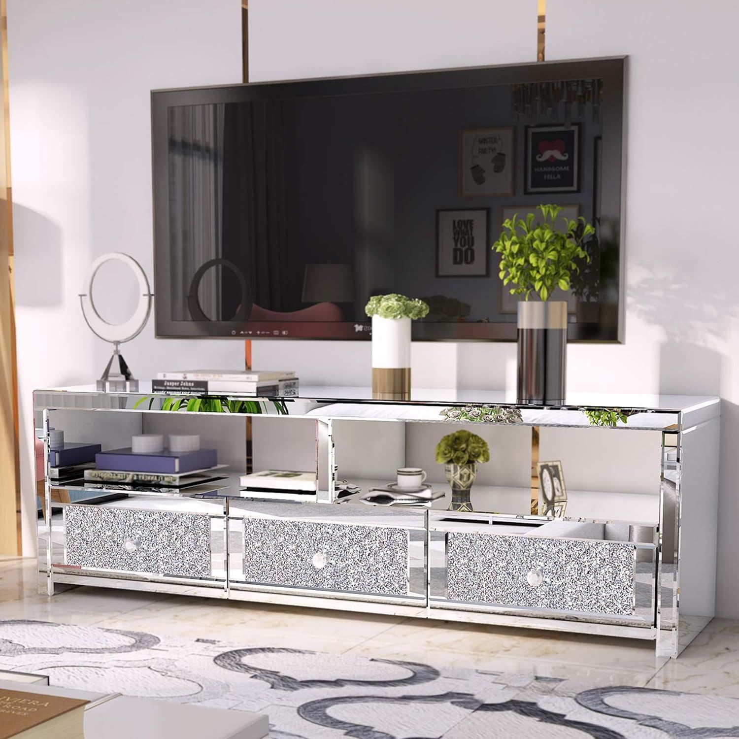 Amazon.com: Lumelay Mirrored Tv Stand For Tvs Up To 60 Modern Tv Stand ... throughout The Art of Styling a Silver Jaymes Console Table for Modern Living