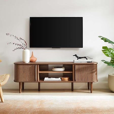 Bringing Warmth Home The Cadence 71″ Curved TV Stand in Natural Oak