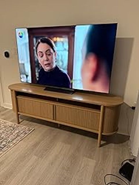 Amazon.com: Modway Cadence Fluted Wood Grain 71" Tv Stand In Oak : Home ... inside Bringing Warmth Home The Cadence 71" Curved TV Stand in Natural Oak