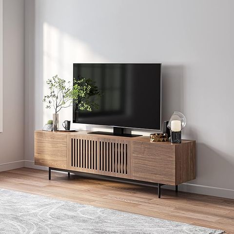 Amazon.com: Povison Modern Solid Wood Tv Stand, Slatted Media Console ... within Styling Your Light Brown Modern Wood Sideboard for Maximum Impact