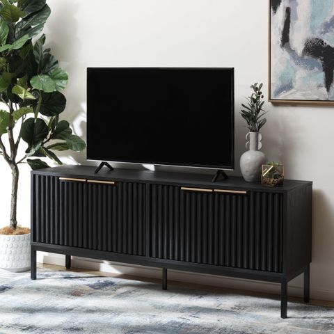 Amazon.com: Safavieh Home Collection Lylia Black 4-Door Entertainment ... inside Creating Visual Harmony with Distressed Finish Media Furniture