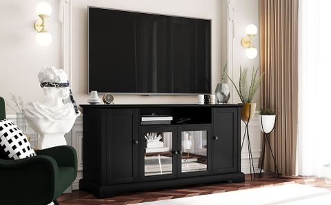 Amazon.com: Tall Tv Stand Black For 50/55/60/65 Inch Tvs, Tv ... with regard to Transitional Black Tv Stand, Open Shelves & Side Cabinets With Doors