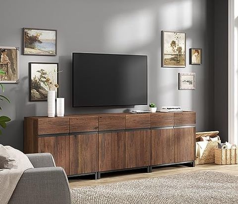 Amazon.com: Wampat 100 Inch Tv Stand With Glass Door, Wood Tv Cabinet ... for Beaumont Lane Modern Wood Entertainment Console For Tvs Up To 69" In Brown