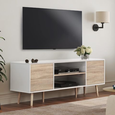 Amazon.com: Wampat Mid-Century Modern Tv Stand For Tvs Up To 60 Inch ... pertaining to The Art of Minimalist Media Organization in Black and White