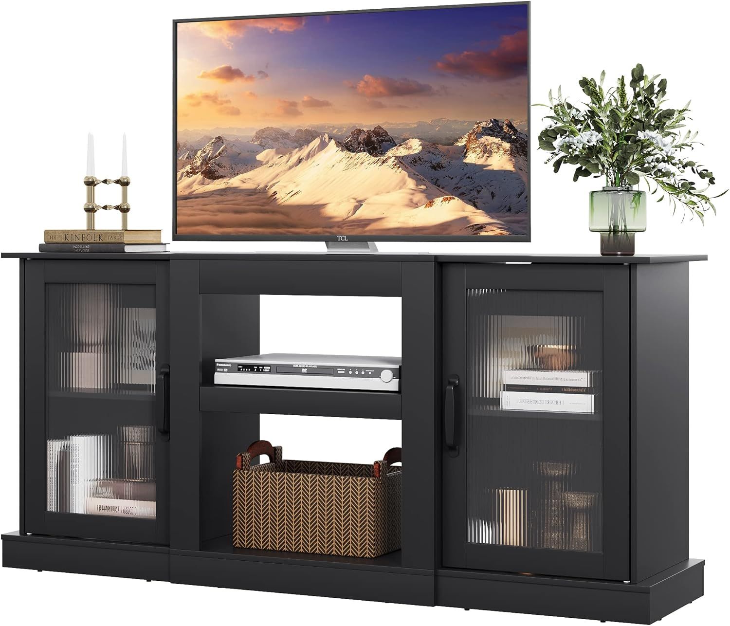 Designing Spaces That Transition: Black TV Stands with Open Shelves and Side Cabinets