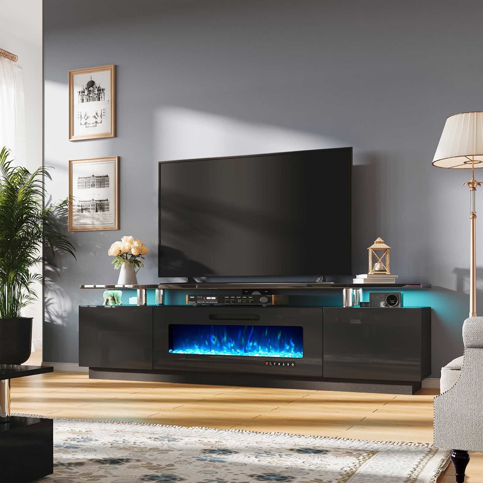 Amerlife Fireplace Tv Stand With 40&quot; Fireplace, 80&quot; Modern High Gloss ... pertaining to Transform Your Living Room with the Altamonte Entertainment Center