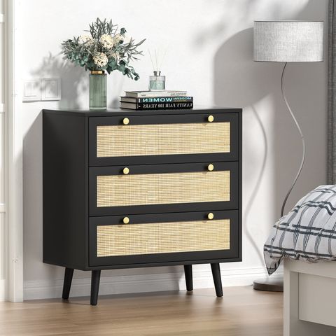 Anmytek Modern 3-Drawer Black Dresser Rattan Chest Of Drawers For ... in Black 3 Drawer Dresser - Compact Small Chest Of Drawers For Bedrooms