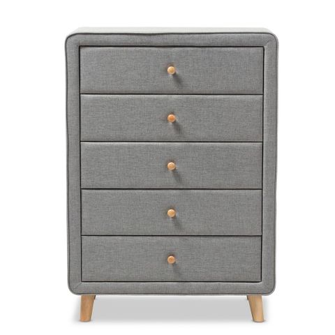 Baxton Studio Jonesy Mid-Century 5-Drawer Gray Fabric Upholstered High ... for Insights from an Expert on Choosing the Right Upholstered Chest Valda's Light Gray Option