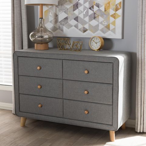 Baxton Studio Jonesy Mid-Century 6-Drawer Gray Fabric Upholstered Chest ... for Insights from an Expert on Choosing the Right Upholstered Chest Valda's Light Gray Option