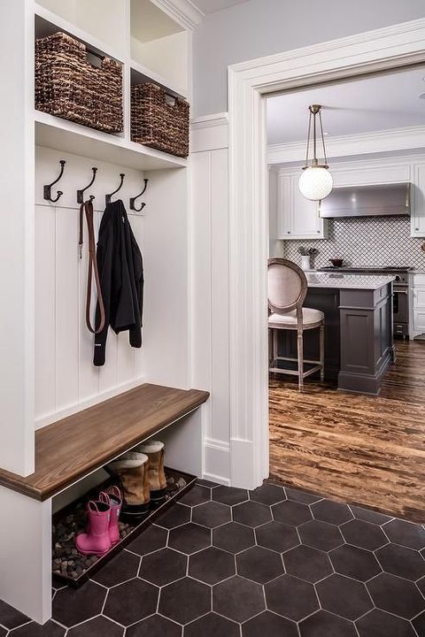 Black Hexagon Floor Tiles | Mudroom Design, Mudroom Laundry Room, New ... in Inspiring Laundry Room Makeovers From Compact to Grand