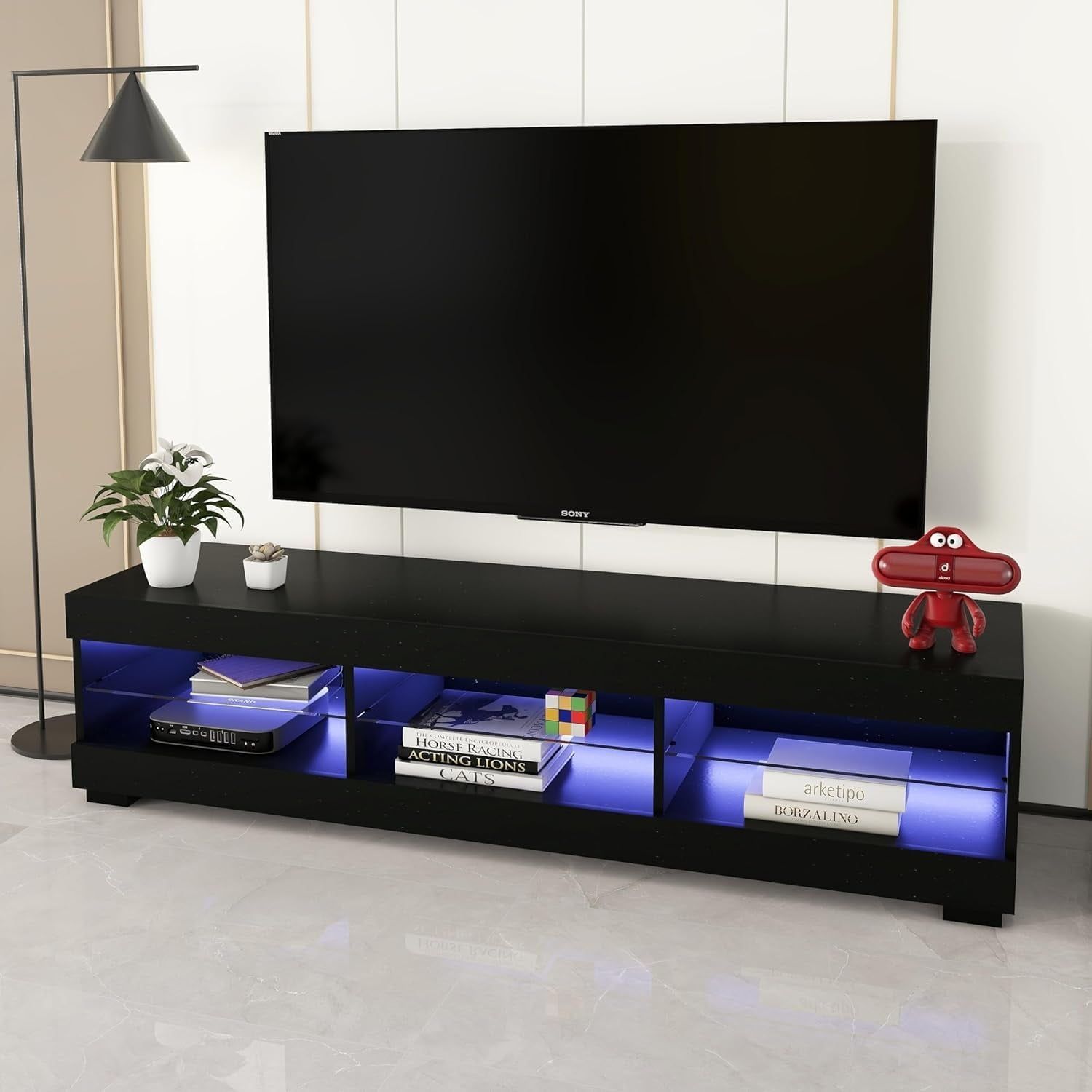 Black Led Tv Stand For Up To 60 Inch Tv Modern High Gloss Entertainment ... regarding Roseto Weif10039 70&quot;W Contemporary Open Shelf Tv Stand Media - Black