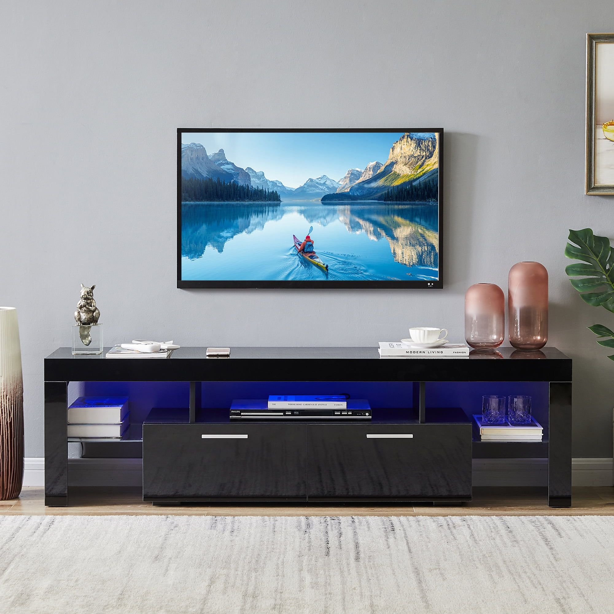 Black Tv Stand With 16 Colors Led Remote Control Lights, Tv Console Cabinet Table For Tvs Up To ... within Winfield 60&quot; 2-Door Tv Stand Media Console Black