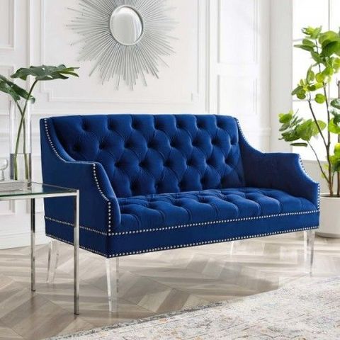 Blue Velvet Tufted Acrylic Leg Glam Loveseat Settee | Love Seat, Velvet ... in Elegance Contemporary Sofa In Blue Velvet With Acrylic Legs