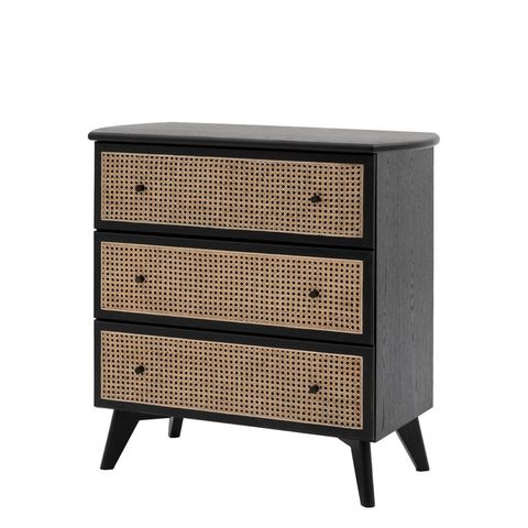 Boho Black Oak Wood And Natural Rattan Cane 3 Drawer Chest Of Drawers ... throughout Pollards Rustic Acacia Wood And Cane 3 Drawer Dresser, Dark Gray