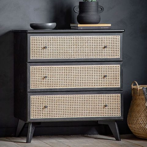 Boho Black Oak Wood And Natural Rattan Cane 3 Drawer Chest Of Drawers ... with regard to Pollards Rustic Acacia Wood And Cane 3 Drawer Dresser, Dark Gray