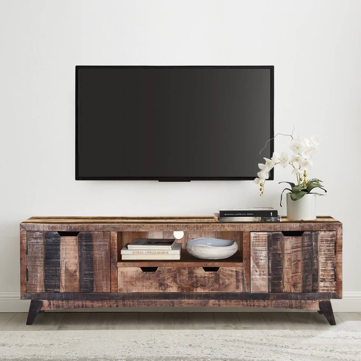 Boulder Handcrafted 2-Drawer Rustic Mango Wood Tv Stand Media Console regarding Unlock Your Living Room's Potential with the Elkton 59&quot; TV Stand