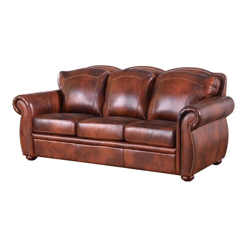 Bowery Hill Traditional Geuine Leather Sofa In Marco Brown Finish In 2024 | Genuine Leather Sofa ... regarding Bowery Hill Modern Geuine Leather &amp; Hardwood Sofa In Brown Finish