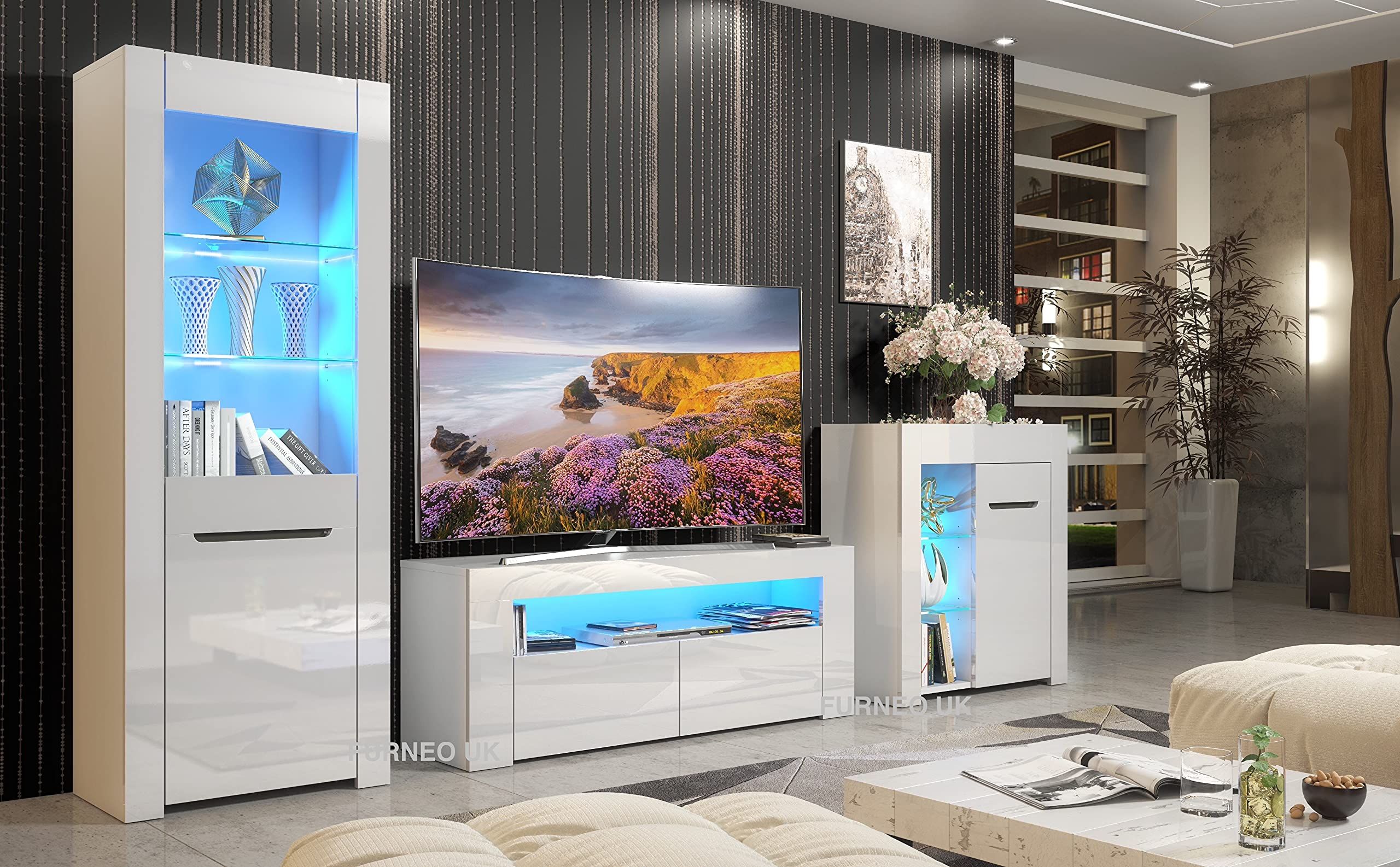 Buy Furneo High Gloss &amp; Matt White Living Room Set Tv Stand Sideboard ... with Lido 4 Tv Set, Black/Black Gloss