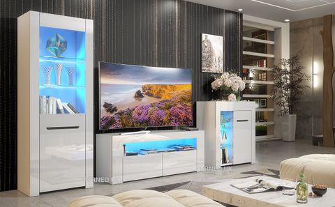 Buy Furneo High Gloss & Matt White Living Room Set Tv Stand Sideboard ... with Lido 4 Tv Set, Black/Black Gloss
