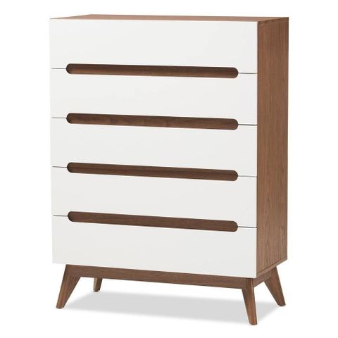 Calypso Mid-Century Modern White And Walnut Wood 5-Drawer Storage Ches ... within Understanding the Craftsmanship Behind Hugo's Walnut Brown Chest