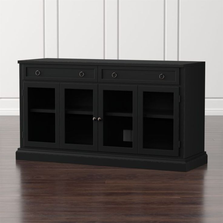 Cameo 62&quot; Bruno Black Modular Media Console With Glass Doors | Crate ... with regard to Designing Spaces That Transition: Black TV Stands with Open Shelves and Side Cabinets