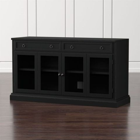 Cameo 62" Bruno Black Modular Media Console With Glass Doors | Crate ... with regard to Designing Spaces That Transition: Black TV Stands with Open Shelves and Side Cabinets