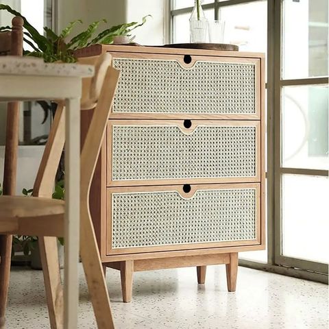 Carled Mid Century Modern Natural 3 Drawers Chest Rattan Woven In Small ... intended for Mignon Mid-Century Modern Natural Rattan 3-Drawer Chest