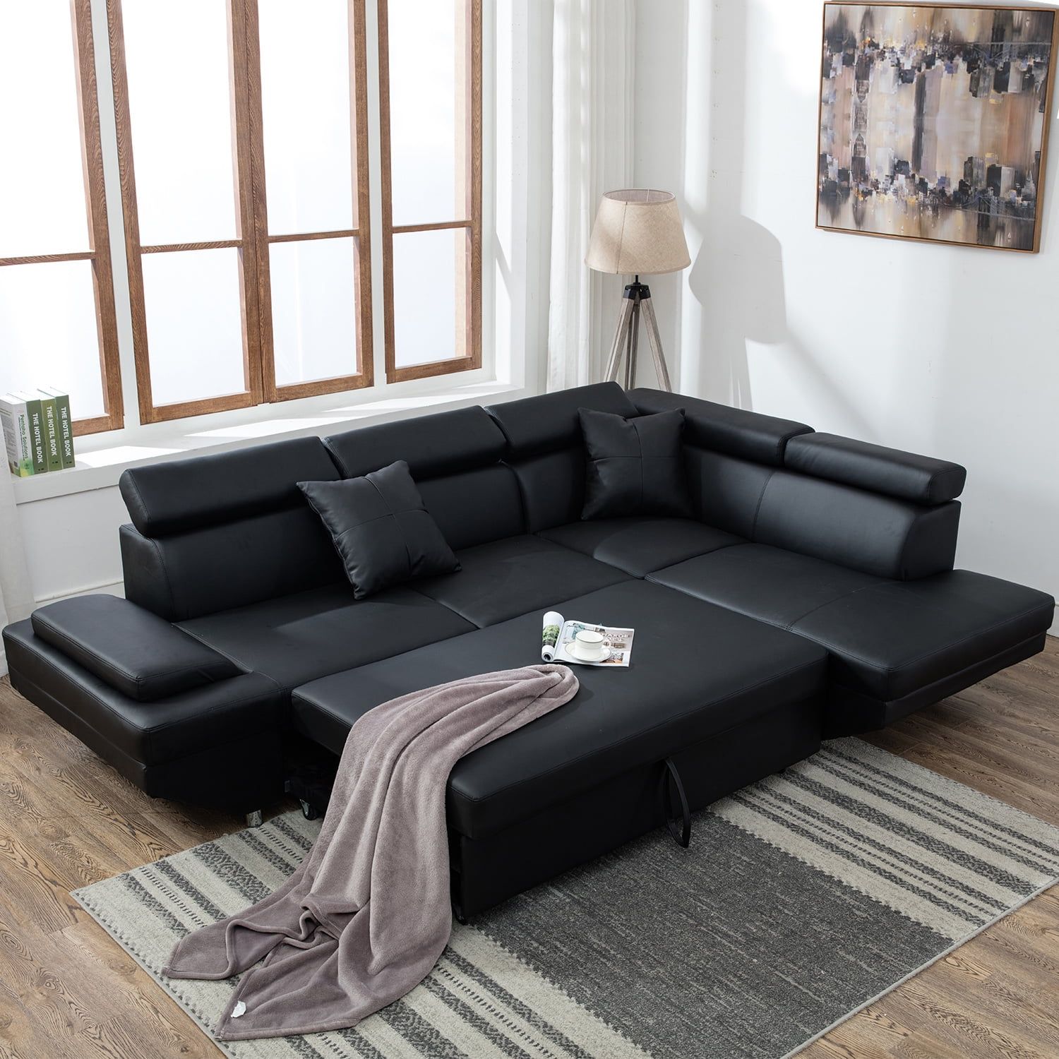 Contemporary Sectional Modern Sofa Bed - Black With Functional Armrest ... with