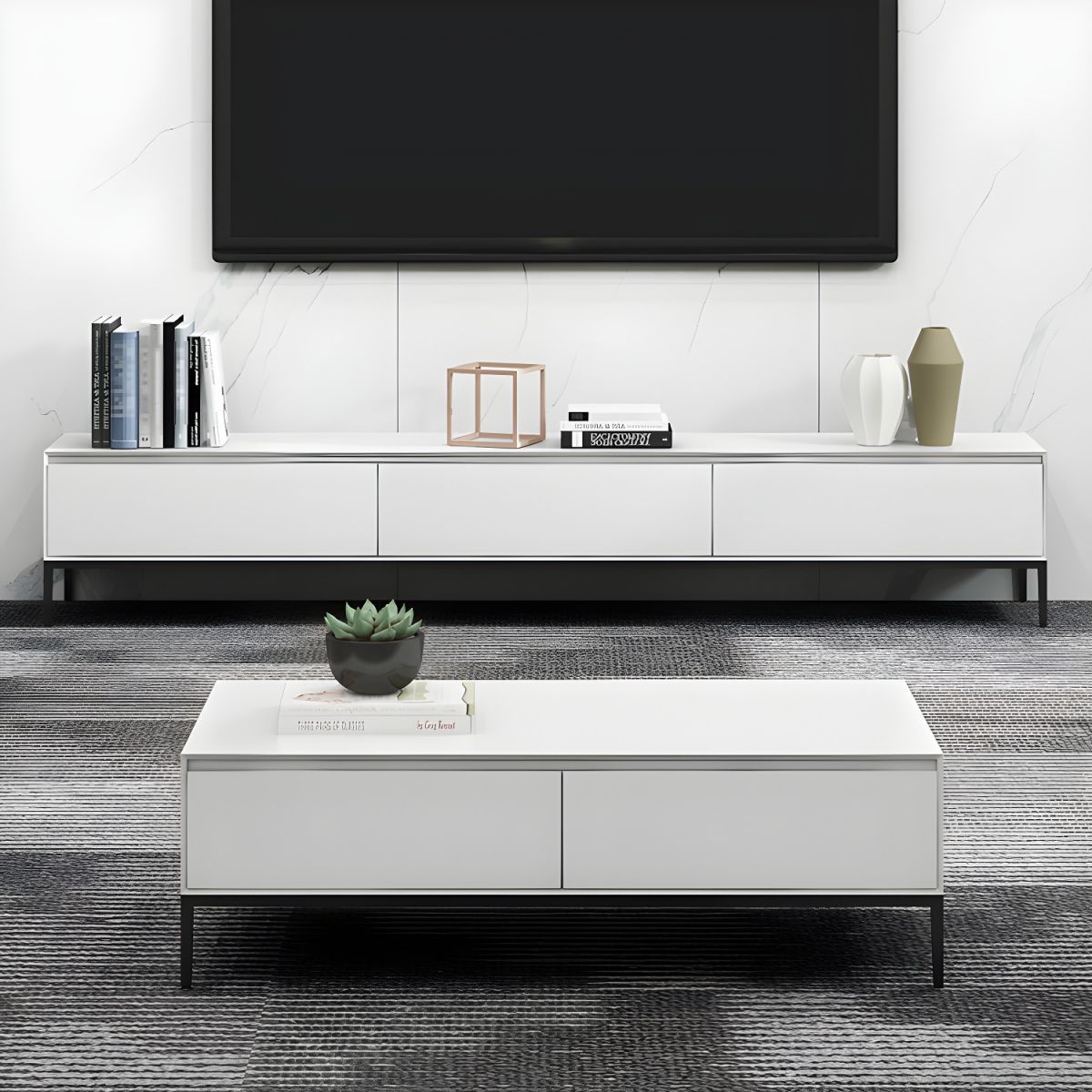 Contemporary Style Tv Stand Stone And Engineered Wood Tv Cabinet ... regarding Modern Style Tv Stand With Adjustable Length, Black &amp; White