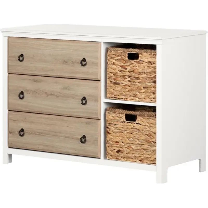 Cotton Candy 3-Drawer Dresser With Baskets-Pure White And Rustic Oak ... in Balka 3-Drawer Dresser With Baskets, Pure White