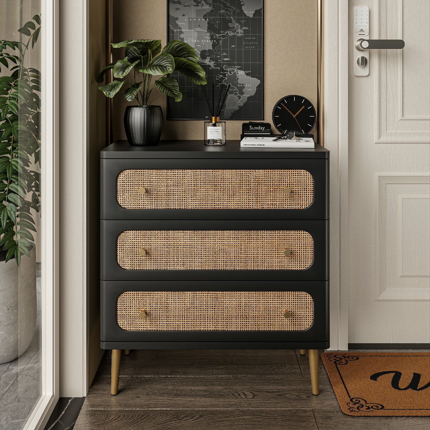 Cozayh Wicker Rattan Chest Of Drawers, 3-Drawer Dresser, Black Finish ... throughout Mignon Mid-Century Modern Natural Rattan 3-Drawer Chest
