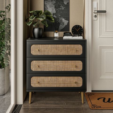Cozayh Wicker Rattan Chest Of Drawers, 3-Drawer Dresser, Black Finish ... throughout Mignon Mid-Century Modern Natural Rattan 3-Drawer Chest