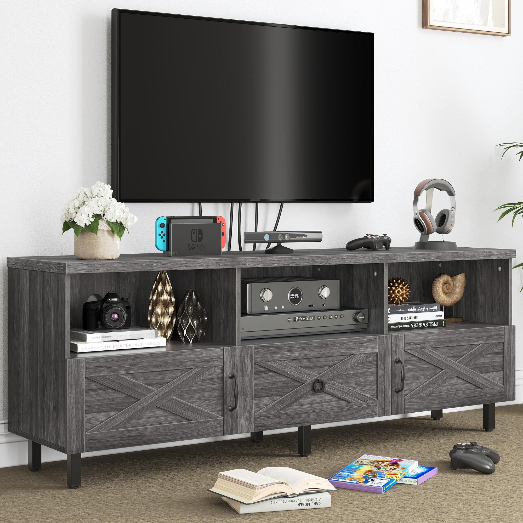 Dextrus Farmhouse Tv Stand, Wood Media Console, 65 Inch, Dark Grey ... throughout Farmhouse Tv Console, Open Shelf And Industrial Metal Mesh Door, Grey Wash