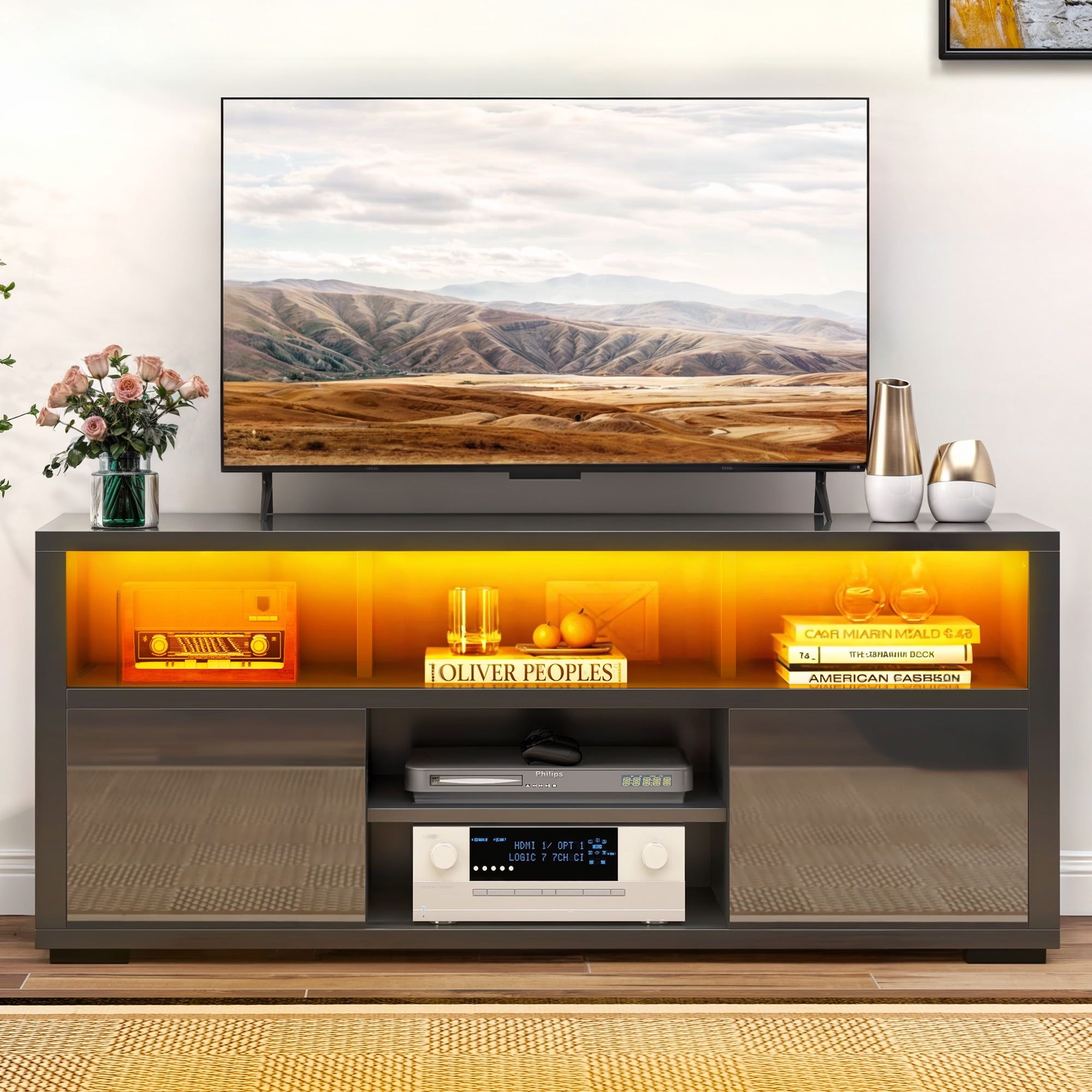 Dwvo High Gloss Tv Stand With Led Ambient Lights, Modern Tv Stand With ... in Modern Style Tv Stand With Adjustable Length, Black &amp; White