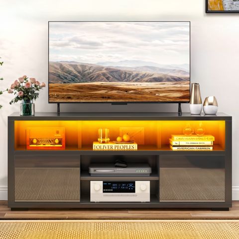 Dwvo High Gloss Tv Stand With Led Ambient Lights, Modern Tv Stand With ... in Modern Style Tv Stand With Adjustable Length, Black & White