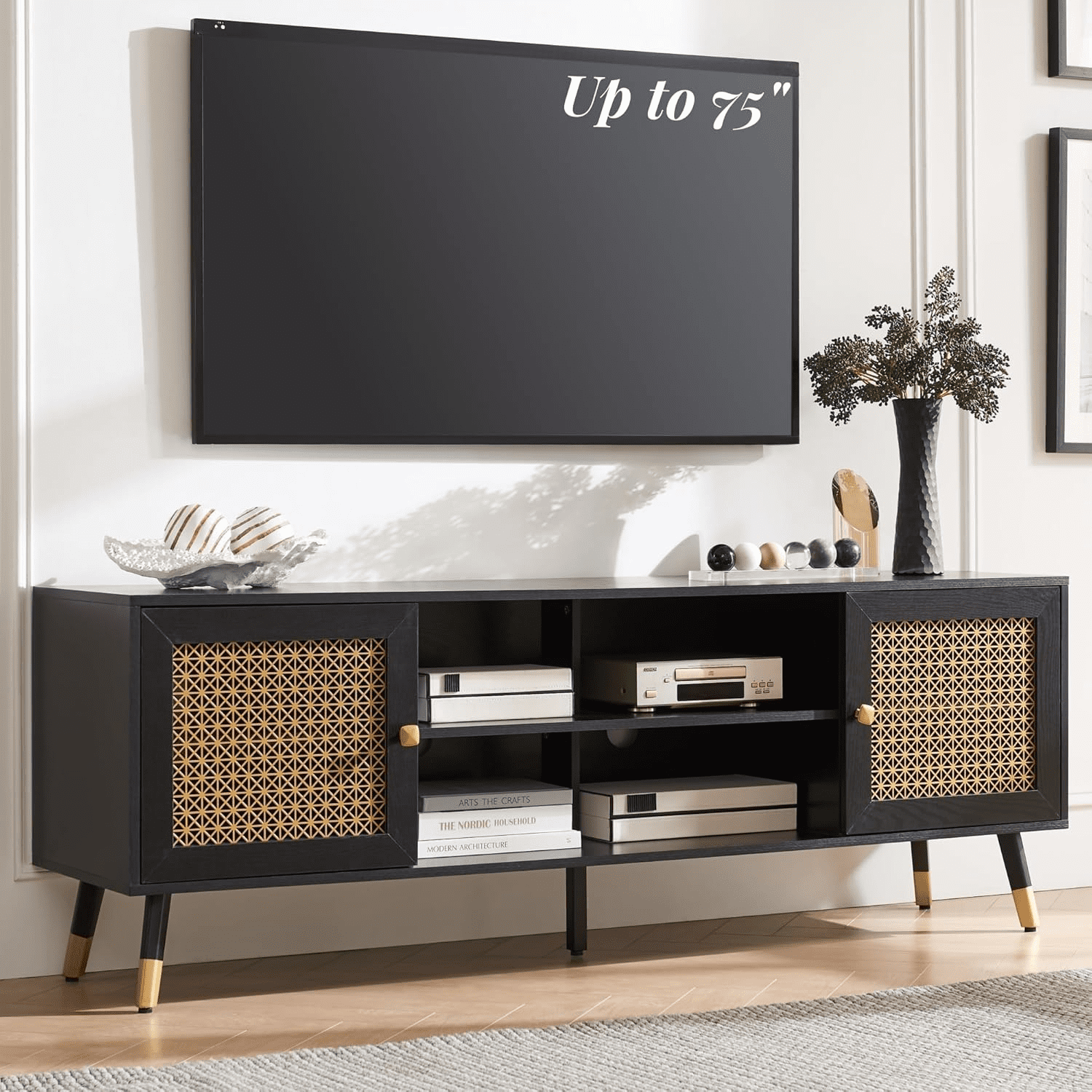 Dxyjcnl Jyed Mid Century Modern Tv Stands For Living Room Black Tv ... with Edinburgh Tv Stand For Tvs Up To 50&quot; With Cabinet, 3 Shelves, And 5 Legs, Black