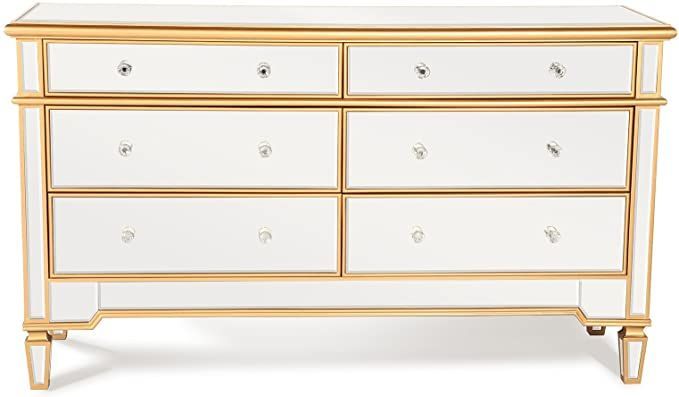 Elegant 6 Drawer Mirrored Dresser In Gold Trim Finish regarding Modernist Medium Gloss Finish Dresser, Brushed Gold