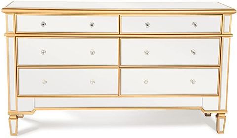 Elegant 6 Drawer Mirrored Dresser In Gold Trim Finish regarding Modernist Medium Gloss Finish Dresser, Brushed Gold