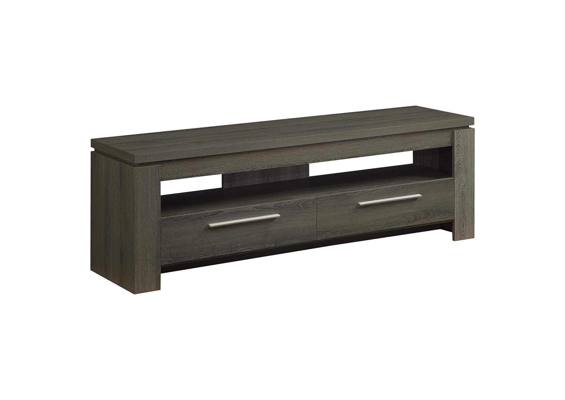 Elkton 2-Drawer Engineered Wood 59-Inch Tv Stand Weathered Grey regarding Comparing engineered wood vs solid wood for home entertainment centers