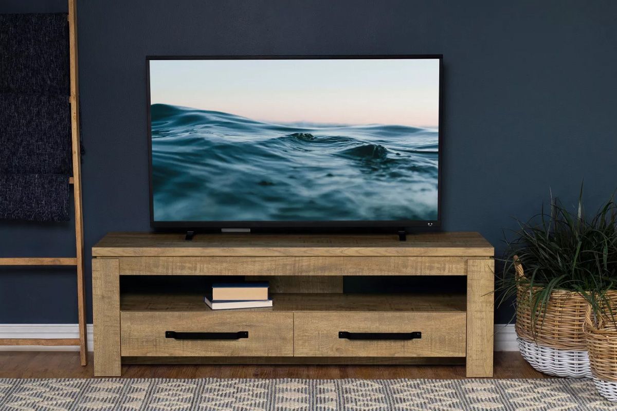 Elkton 2-Drawer Engineered Wood 59″ Tv Stand Mango - Exotic &amp; Rustic Furniture throughout Elkton 2-Drawer Engineered Wood 59&quot; Tv Stand Mango