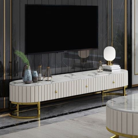 Epaule Modern Oval 71" Tv Stand Faux Marble Top Media Stand With 3 ... with Ellice 71" Tv Stand Media Console White