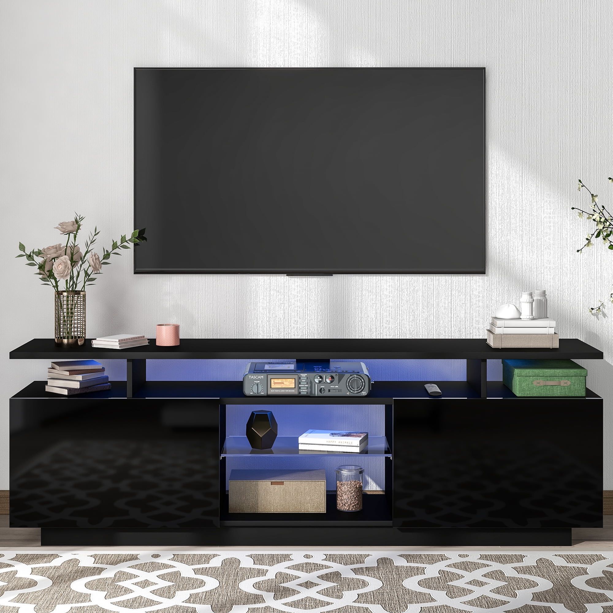 Euroco Tv Stand For Tvs Up To 65&quot;, Entertainment Center With Rgb Led ... intended for Redding Tv Stand For Tvs Up To 65&quot; With 2 Cabinets And 3 Shelves, Black