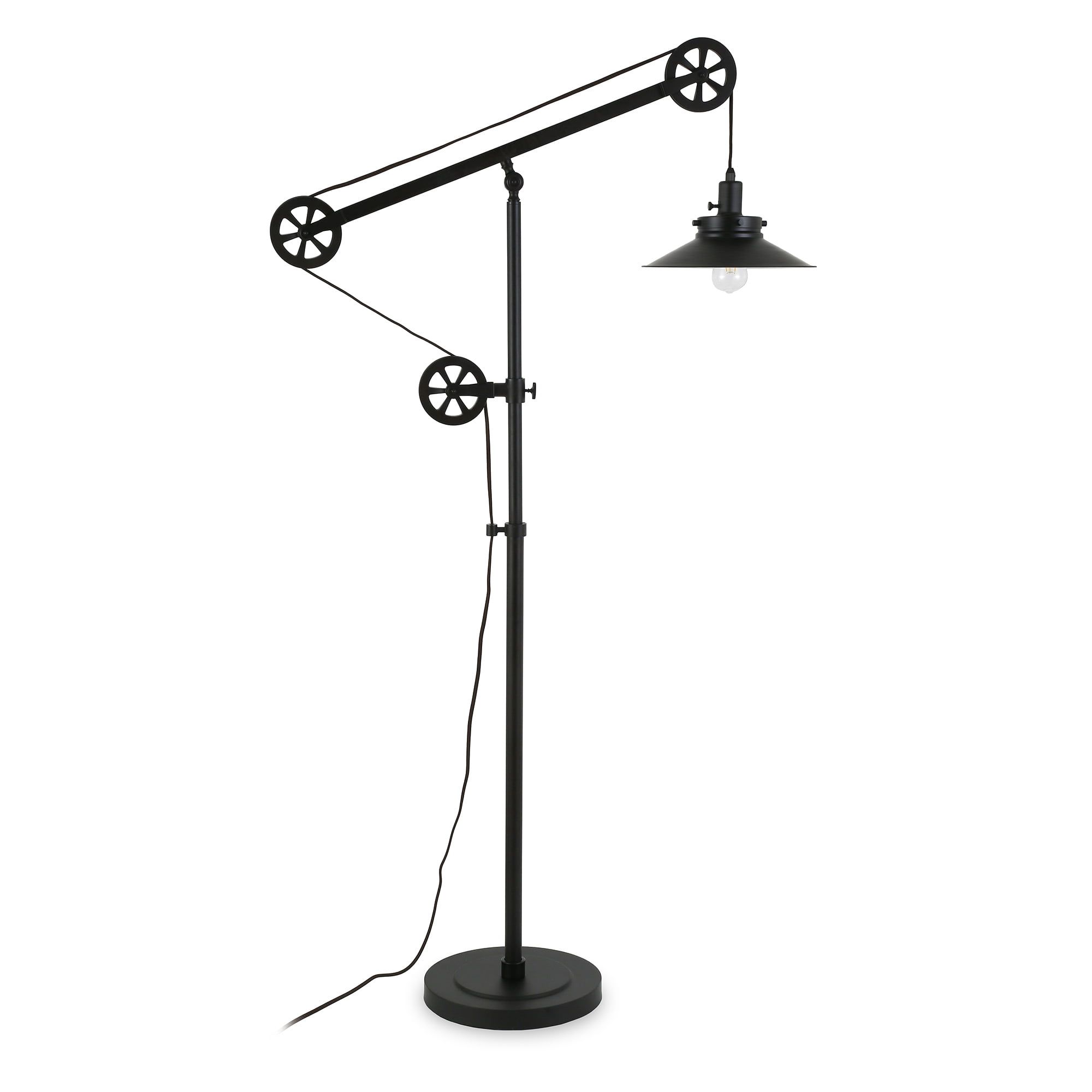 Evelyn&amp;Zoe Descartes Floor Lamp, Wide Brim, Adjustable Pulley ... regarding Zeno 8.5 Wide Pendant With Metal Shade In Blackened Bronze/Blackened Bronze