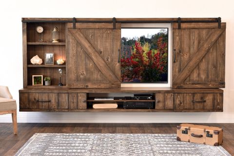 Farmhouse Barn Door Entertainment Center Floating Tv Stand - Spice ... throughout Unlocking the Charm of Your Living Room with the Acres Farmhouse TV Console